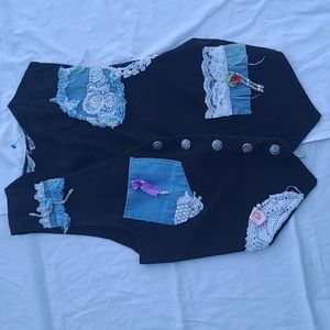 Black vintage sleeveless vest upcycled collage denim pearl lace 80's Speed Limit